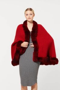 McDonald Possum Merino Womens Cable Cape With Fur- Red
