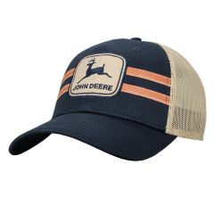 John Deere Vintage Logo Trucker Mesh Racing Stripe Adjustable Cap/Hat Navy/Tan