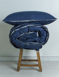 M Home French Linen Quilt Cover Navy with Fine Stripe Trim